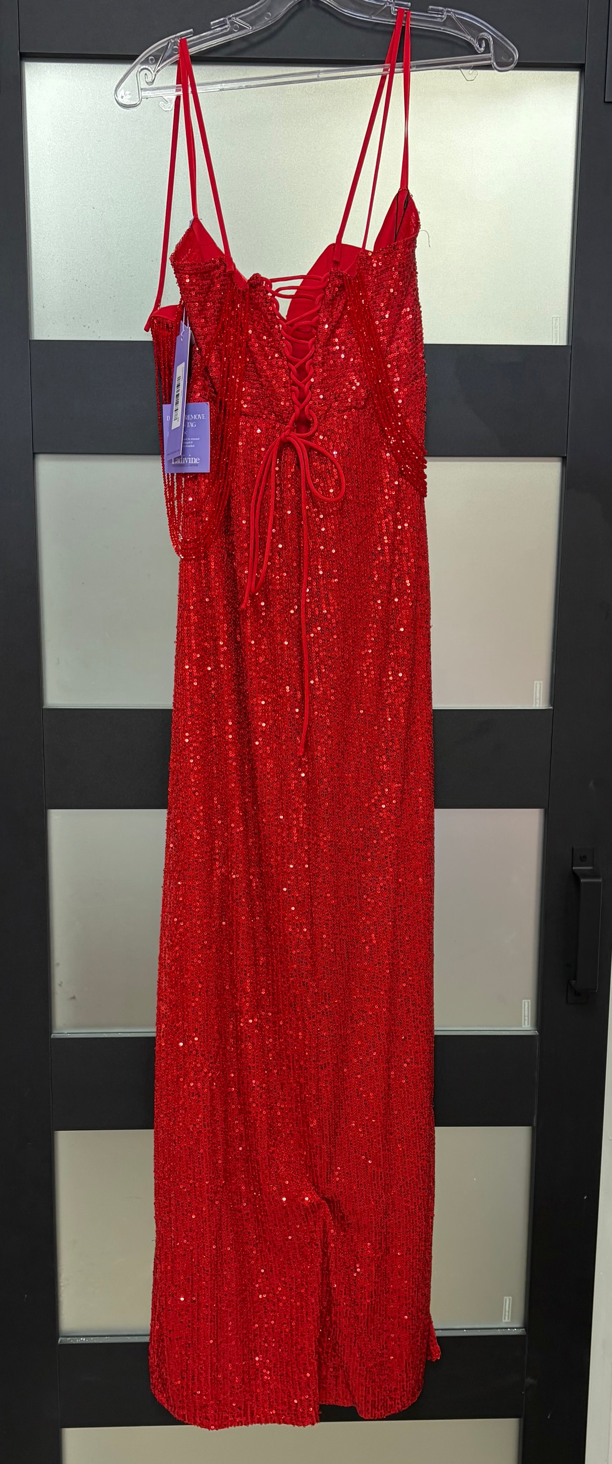 LaDivine CD290 Red Sequin Cowl Neck Formal Gown with Lace-Up Back