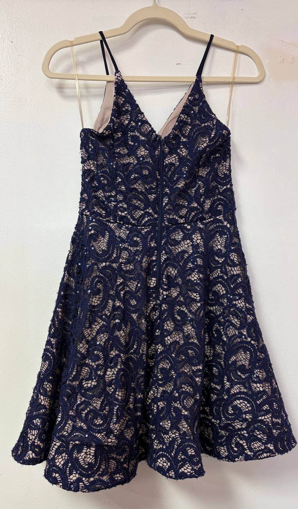 Sequin Hearts Navy Lace Fit & Flare Homecoming Dress