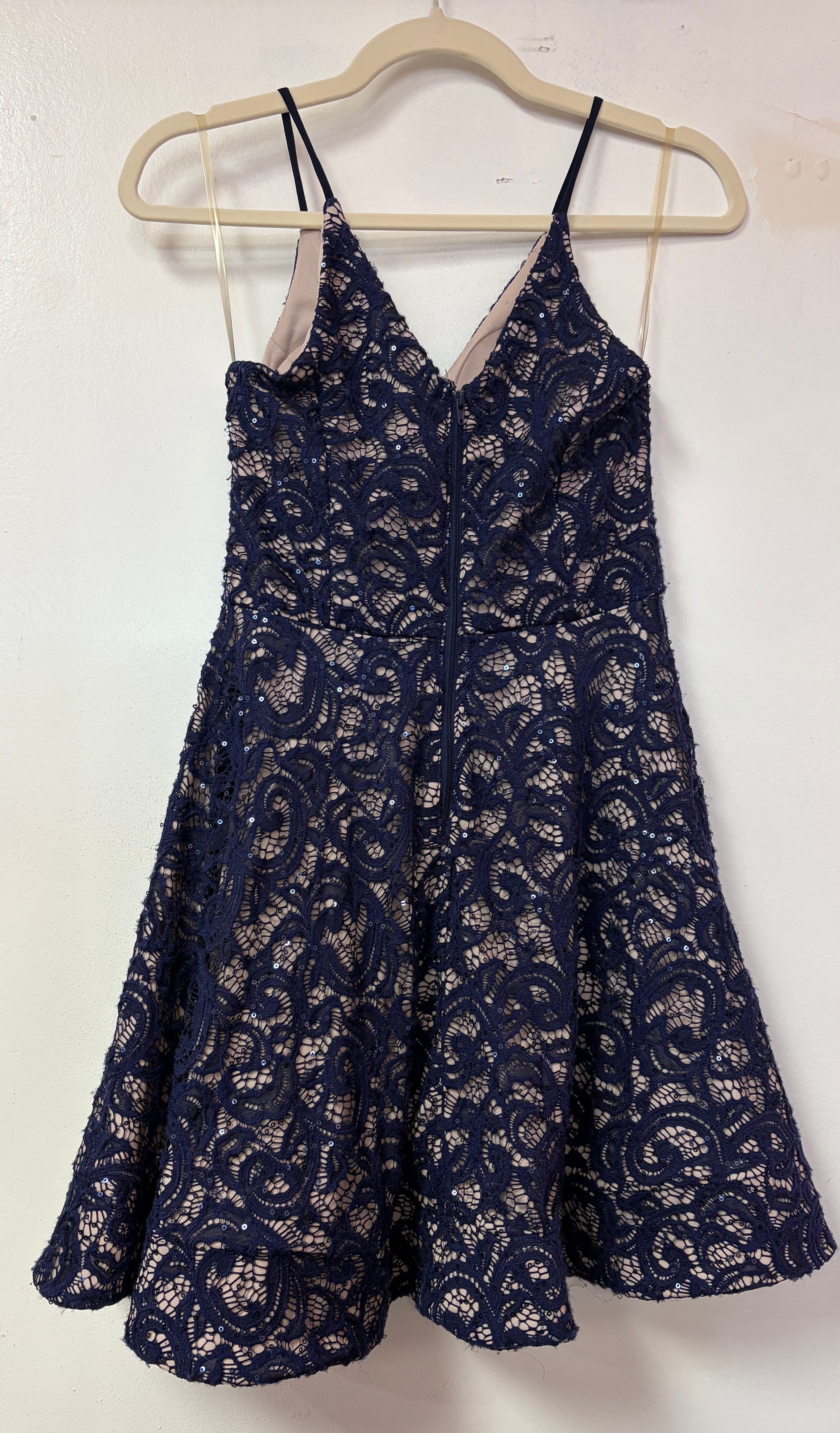 Sequin Hearts Navy Lace Fit & Flare Homecoming Dress