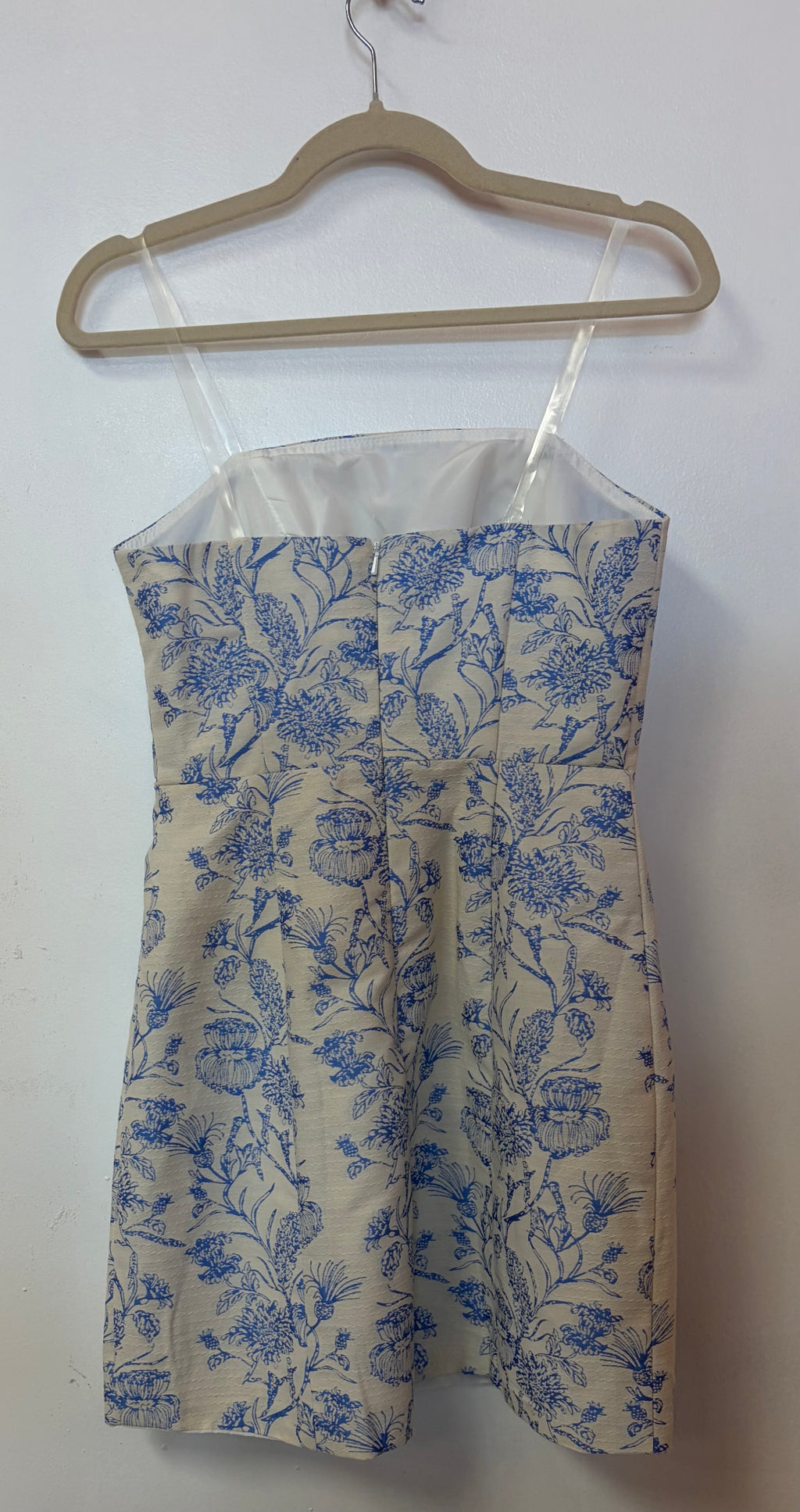 Blue and White Toile Print Strapless Mini Dress with Corset-Inspired Bodice