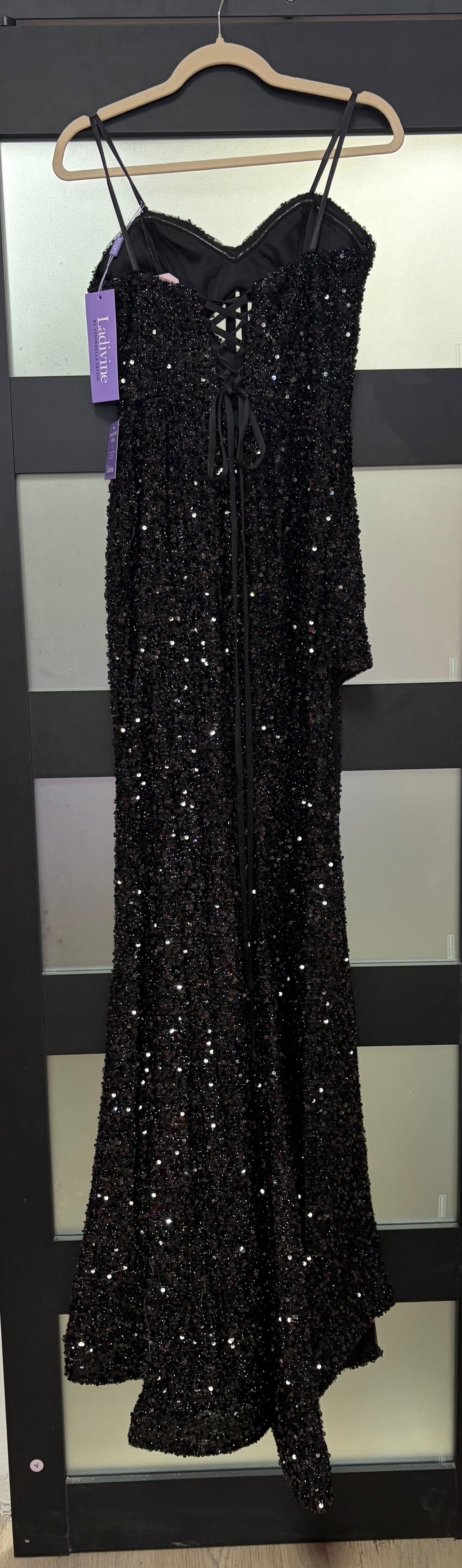 LaDivine CD883 Black Sequin Corset Evening Gown with Side Slit