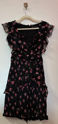 Black Floral Ruffle Cocktail Dress with Smocked Skirt and Cascading Chiffon Details