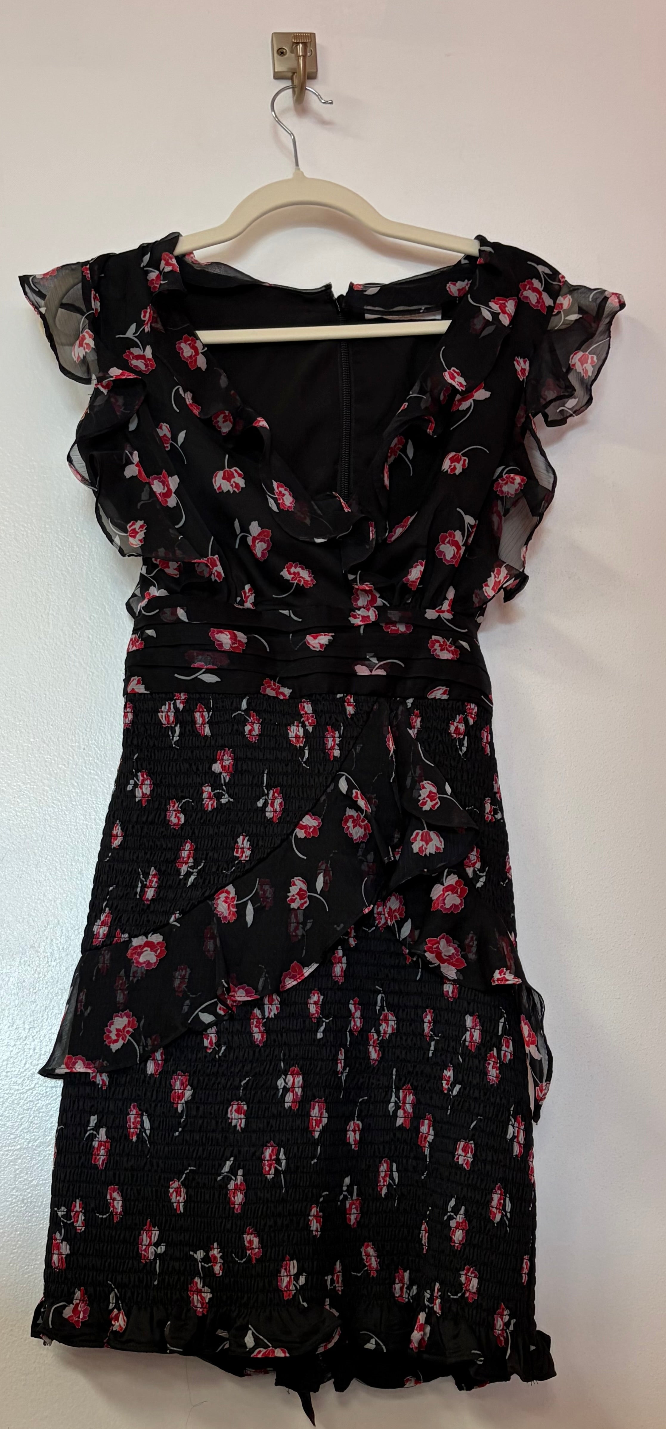 Black Floral Ruffle Cocktail Dress with Smocked Skirt and Cascading Chiffon Details