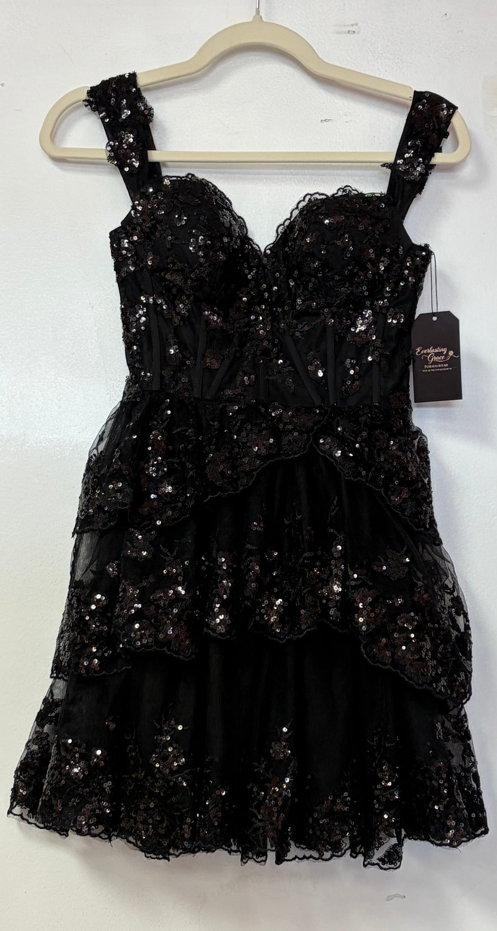 Black Tiered Sequin Lace Fit & Flare Party Dress