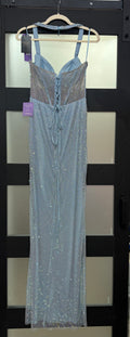 LaDivine CD338 Ice Blue Rhinestone Mesh Gown with Lace-Up Back