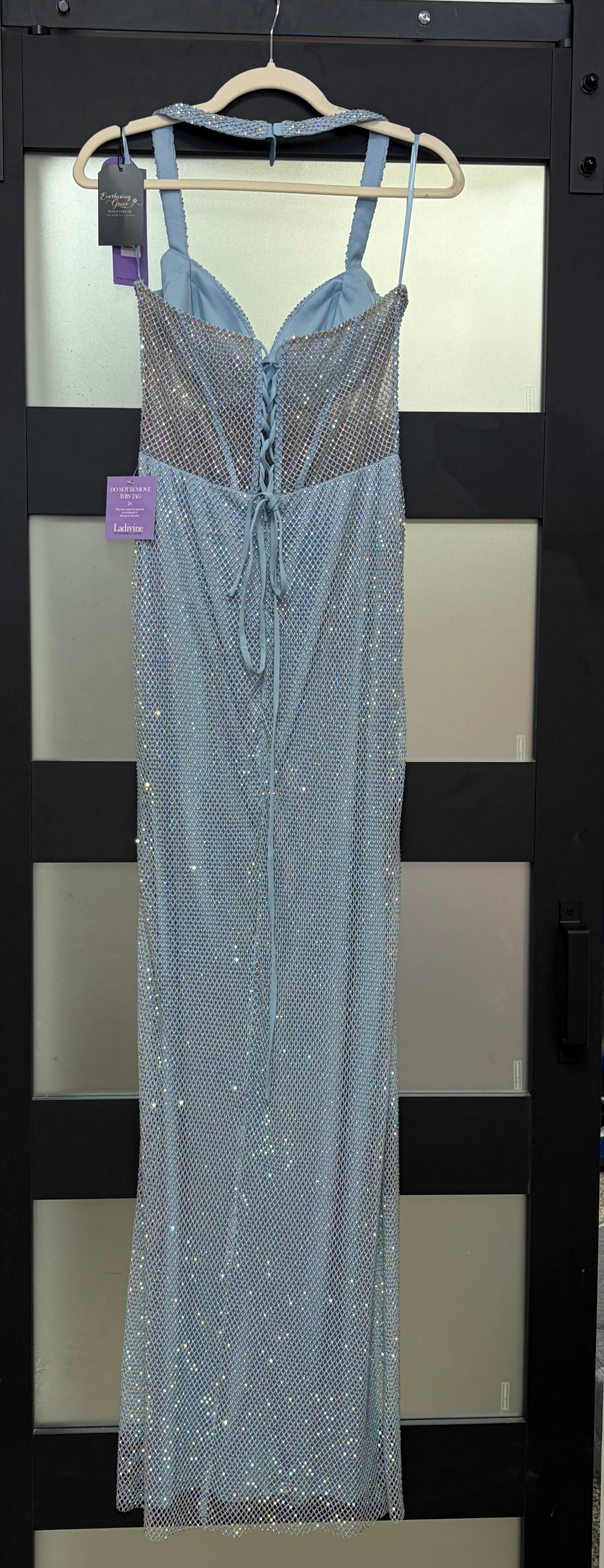 LaDivine CD338 Ice Blue Rhinestone Mesh Gown with Lace-Up Back