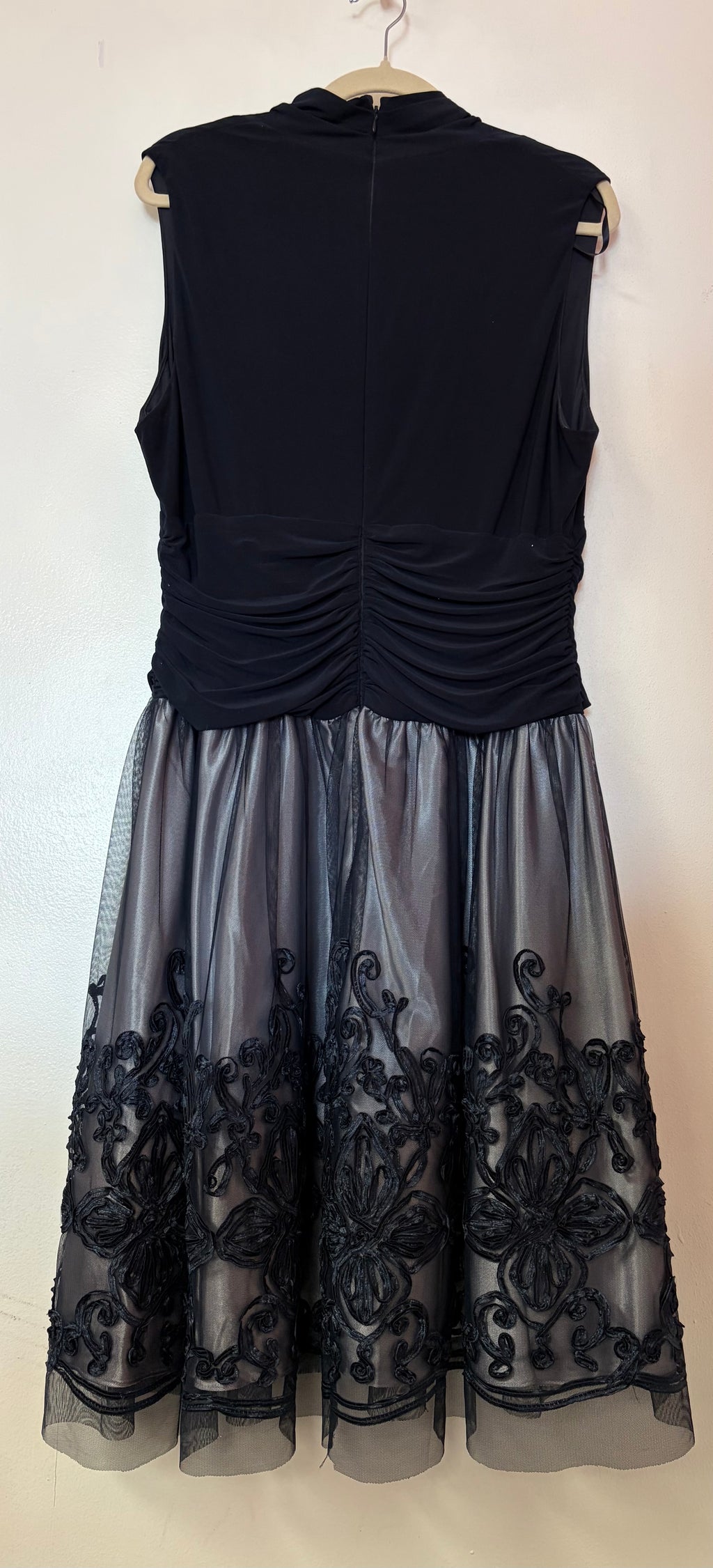 SLNY Dark Navy Sleeveless Embroidered Mesh Fit and Flare Dress with Draped Neckline