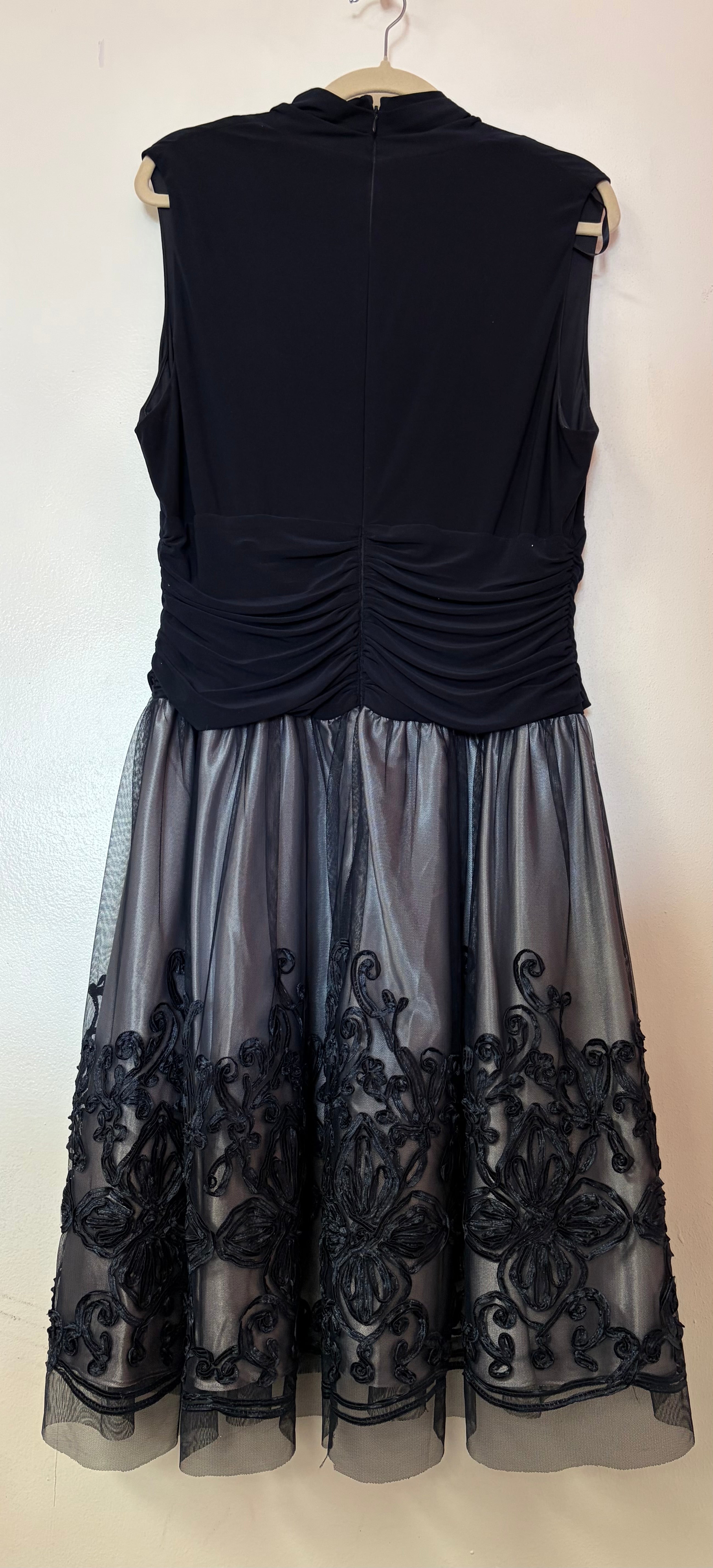 SLNY Dark Navy Sleeveless Embroidered Mesh Fit and Flare Dress with Draped Neckline