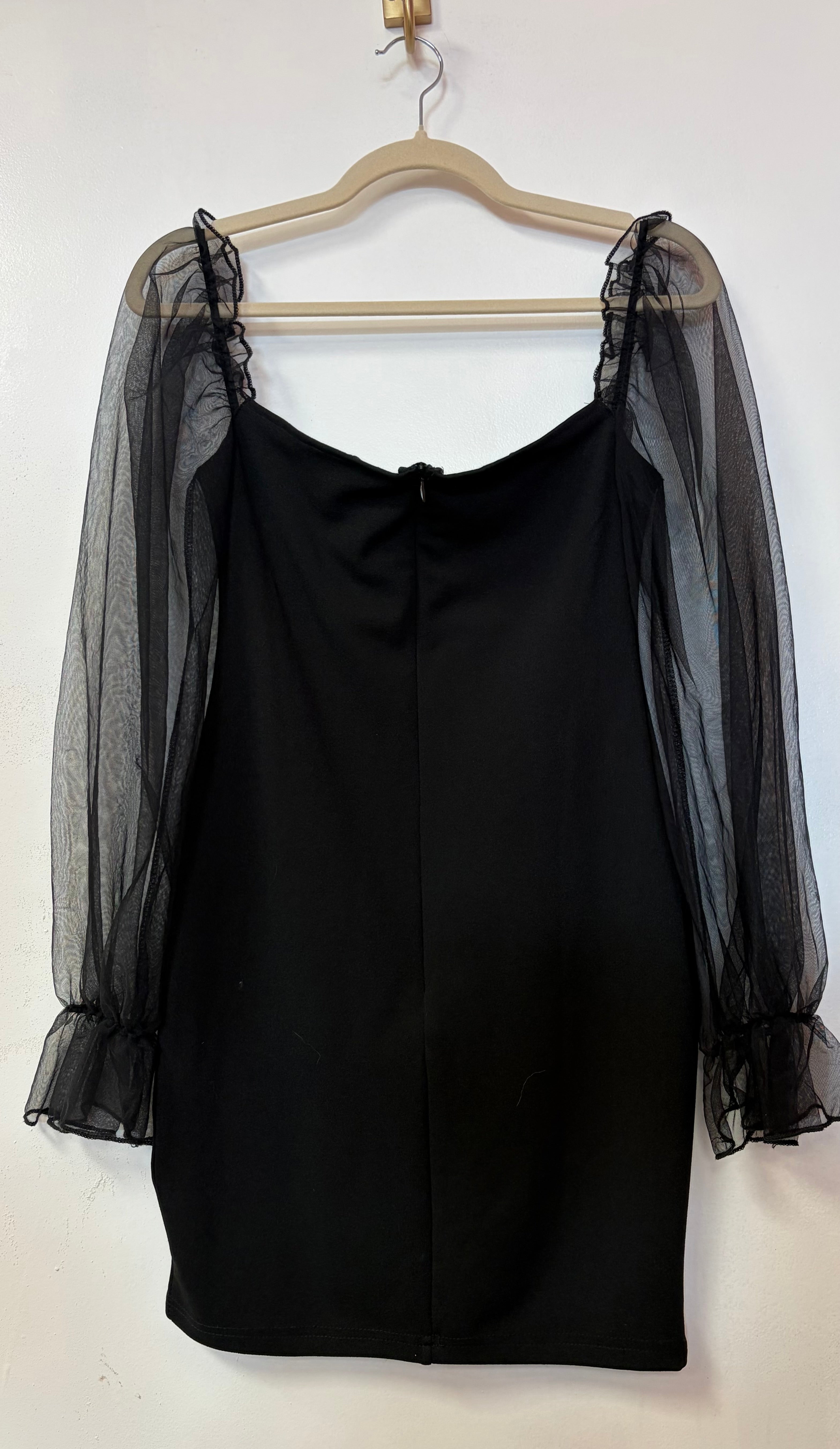 Black Mini Dress with Sheer Puff Sleeves and Structured Bustier Bodice