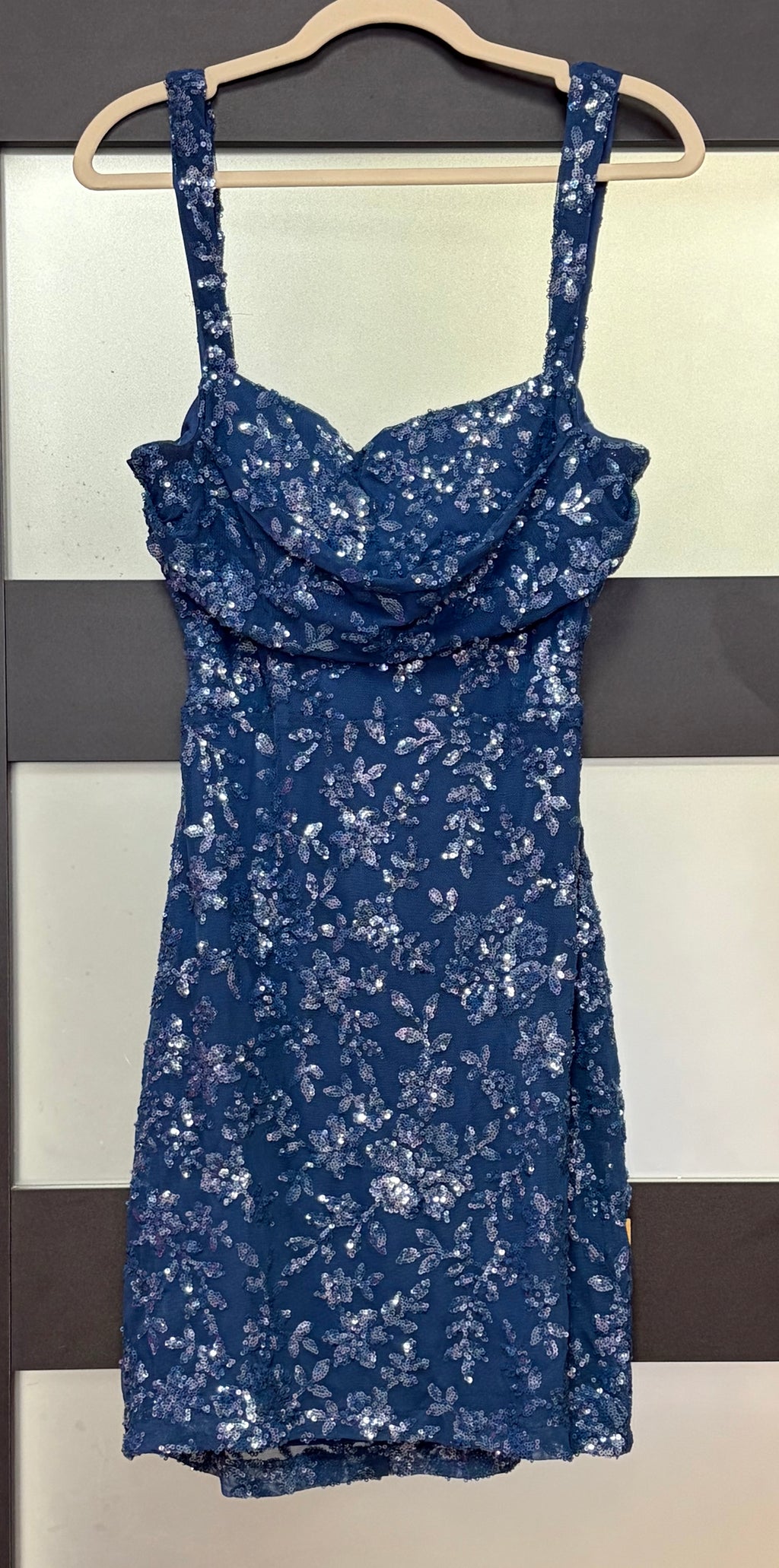 Windsor Blue Sequin Floral Lace Mini Dress