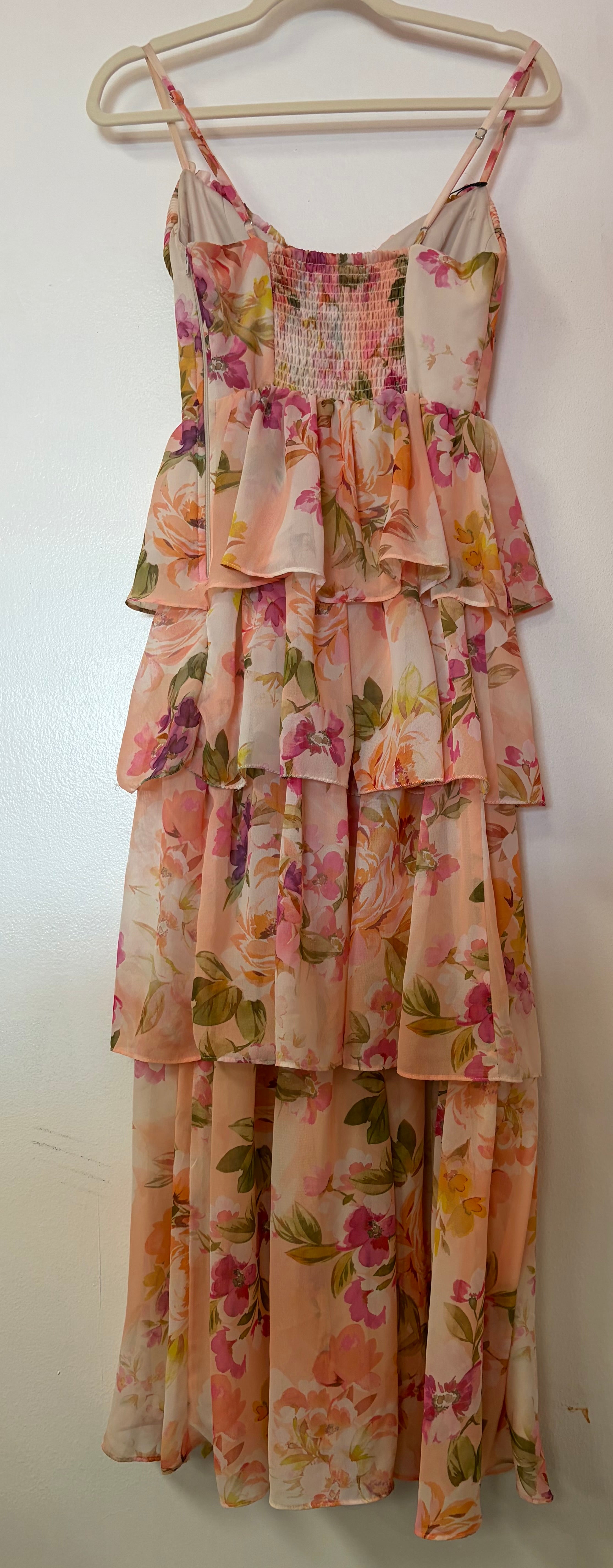 Birdy Grey Blush Floral Tiered Ruffle Midi Dress with Corset Bodice Detail
