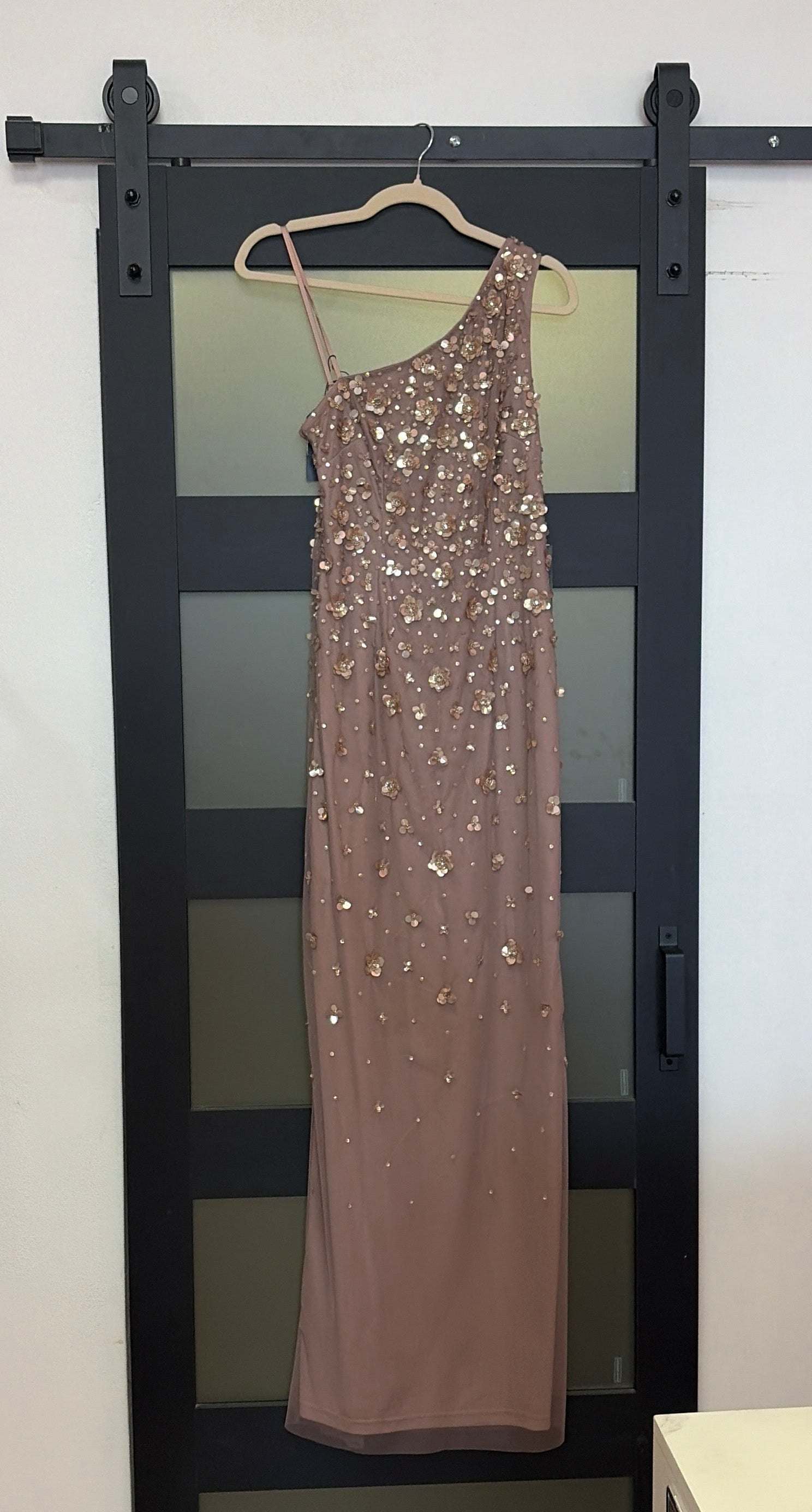 Adrianna Papell mauve colored with gold floral sequins