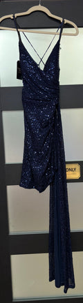 B. Darlin Navy Sequin Wrap Homecoming Dress with Side Drape