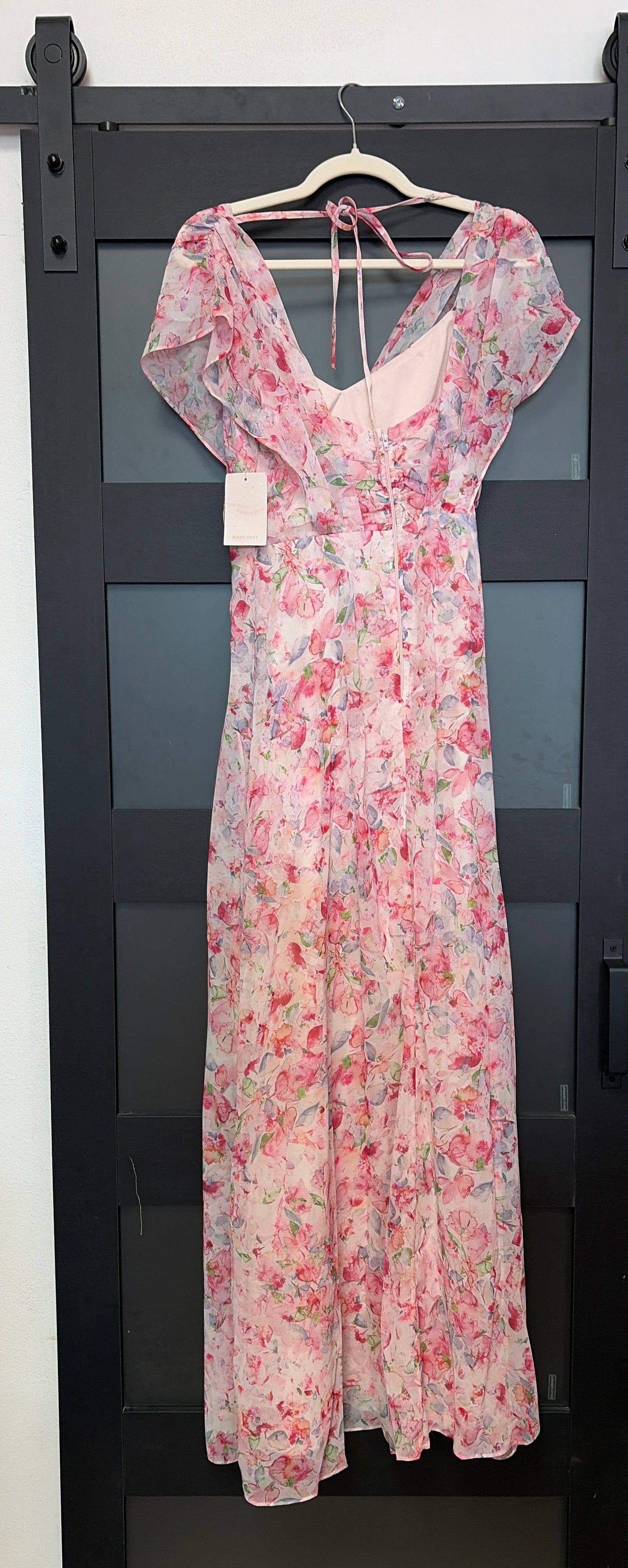 Birdy Grey Pink Watercolor Floral Flutter Sleeve Maxi Dress