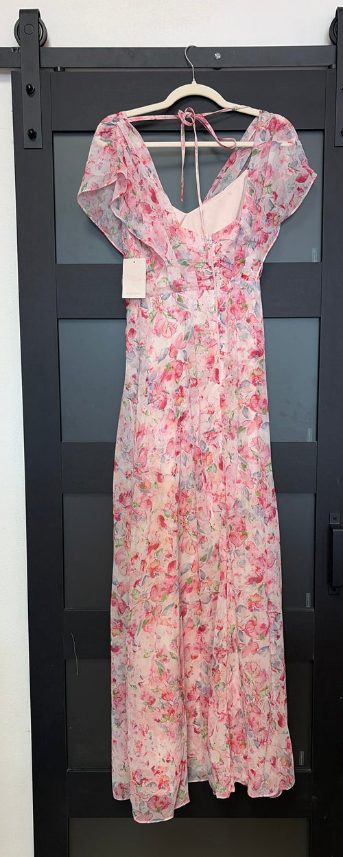 Birdy Grey Pink Watercolor Floral Flutter Sleeve Maxi Dress