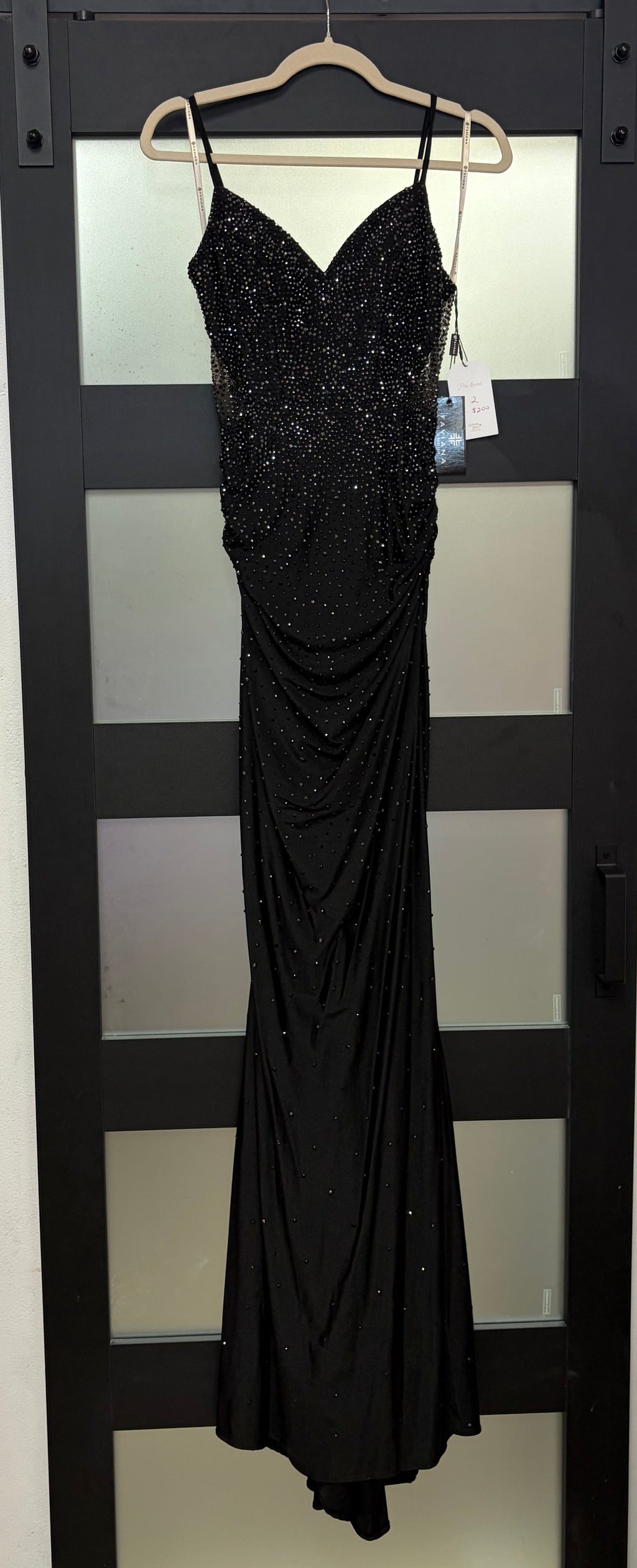 Faviana S10800 Black Rhinestone Corset Prom Dress with Ruched Skirt