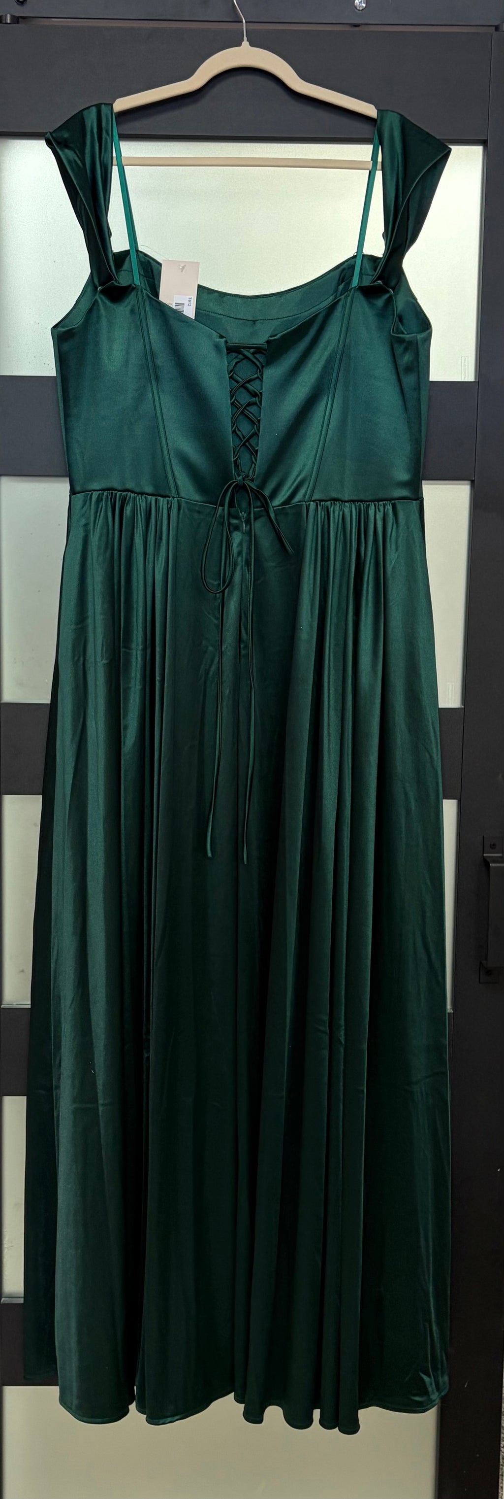 Amoris by Cinderella Divine T612 Emerald Satin Corset A-Line Formal Dress with Lace-Up Back