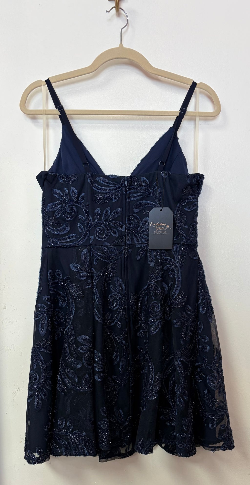 Speechless Navy Glitter Lace Fit and Flare Homecoming Dress with Sheer Bodice and Beaded Embroidery