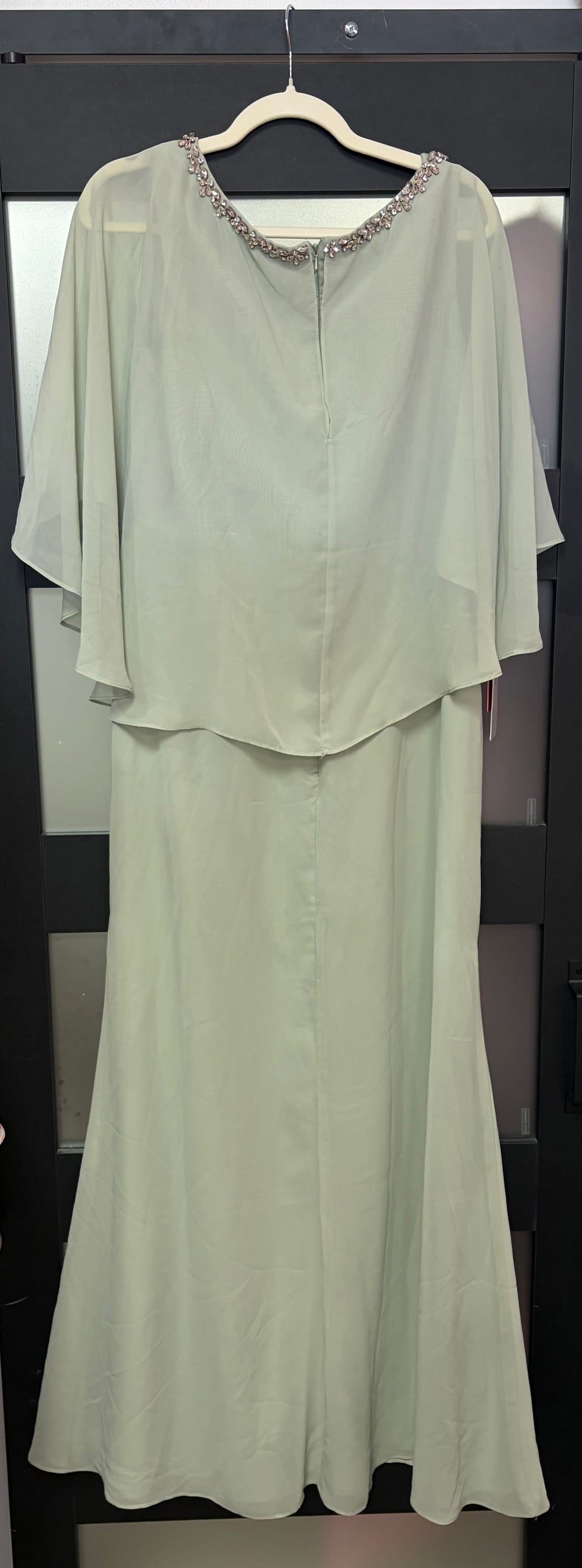 JJ’s House Sage Green Chiffon Evening Gown with Cape Sleeves and Beaded Details