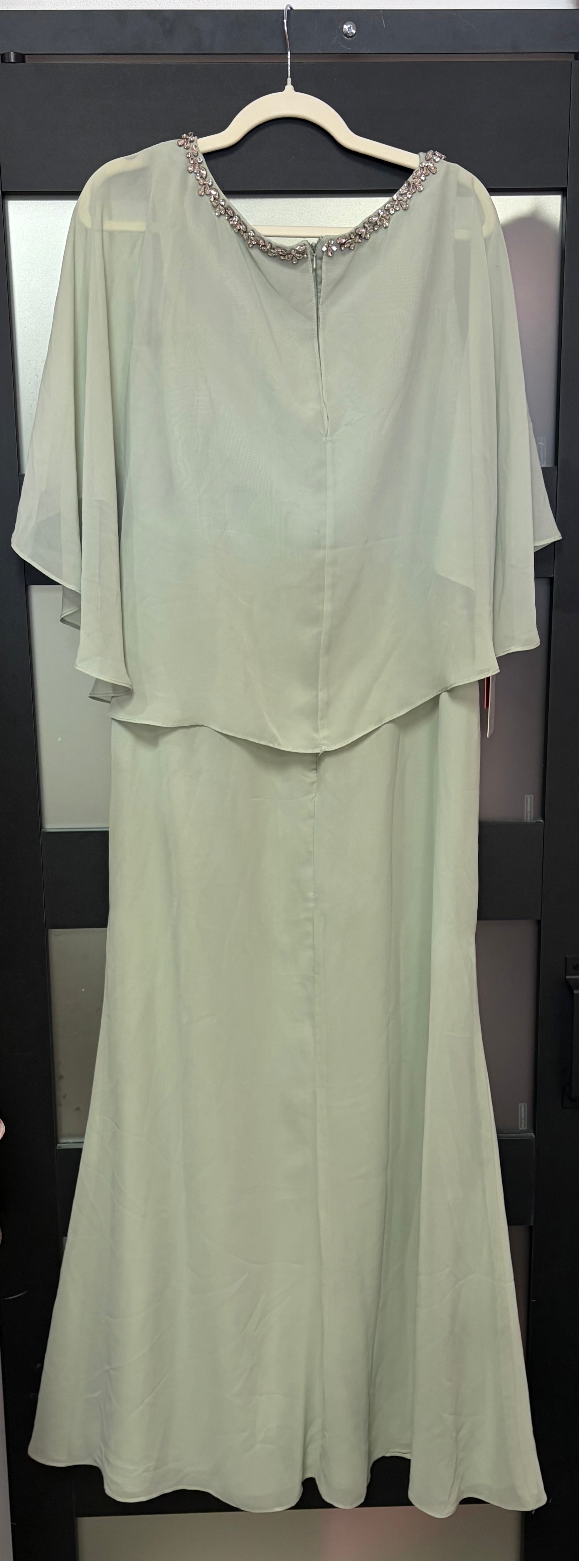 JJ’s House Sage Green Chiffon Evening Gown with Cape Sleeves and Beaded Details