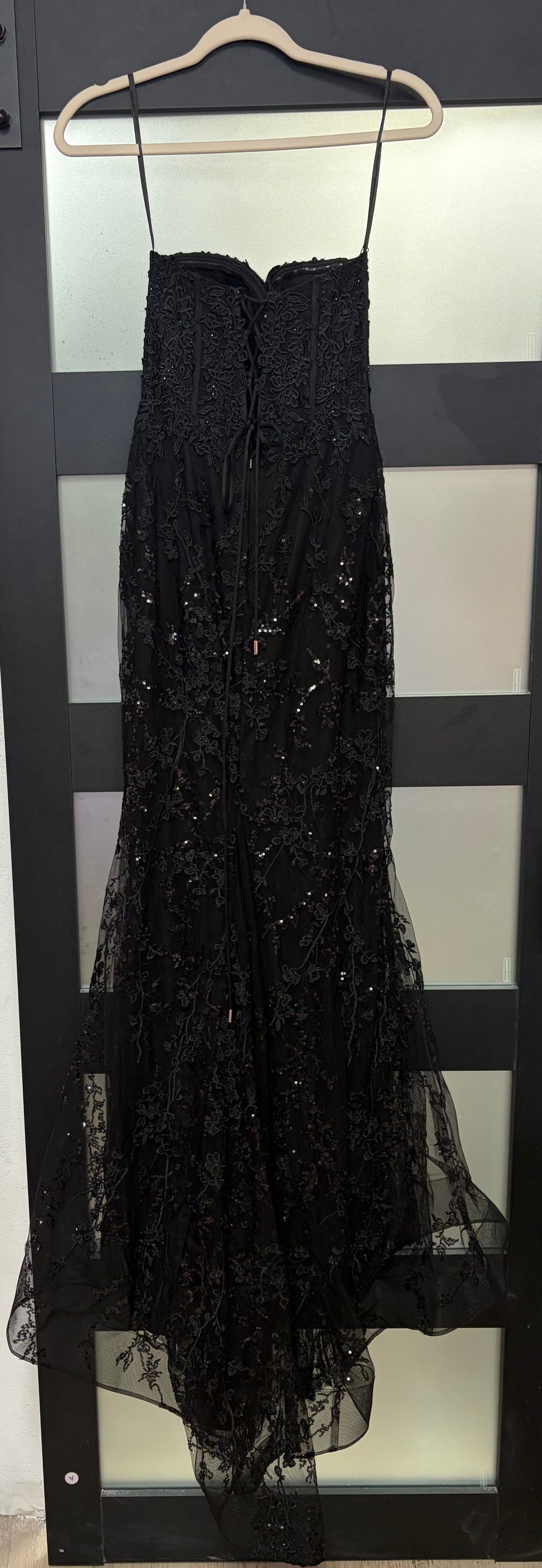 Black Floral Lace Corset Formal Gown with Layered Tulle Skirt