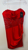 Red Satin Corset Homecoming Dress with Sequin Bodice and Draped Skirt