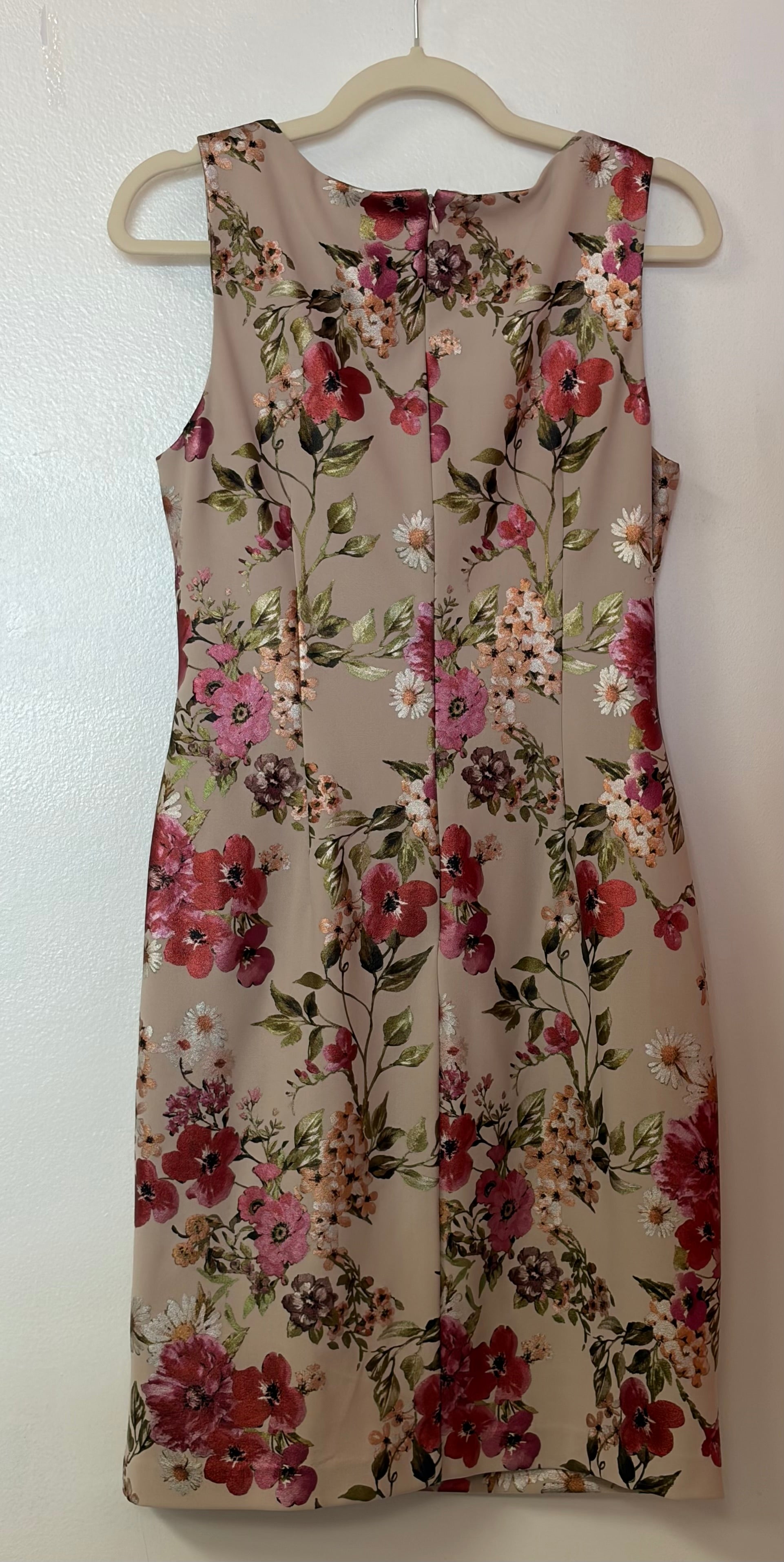 Adrianna Papell Blush Floral Sheath Dress with Metallic Floral Print and Asymmetrical Neckline