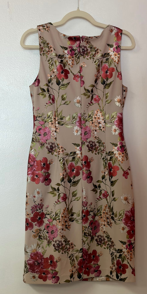 Adrianna Papell Blush Floral Sheath Dress with Metallic Floral Print and Asymmetrical Neckline