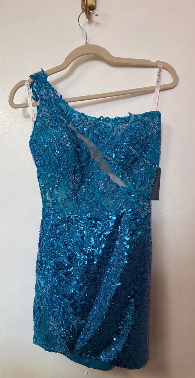 Rachel Allan 40321 One‑Shoulder Sequin Lace Mini Dress Teal Homecoming