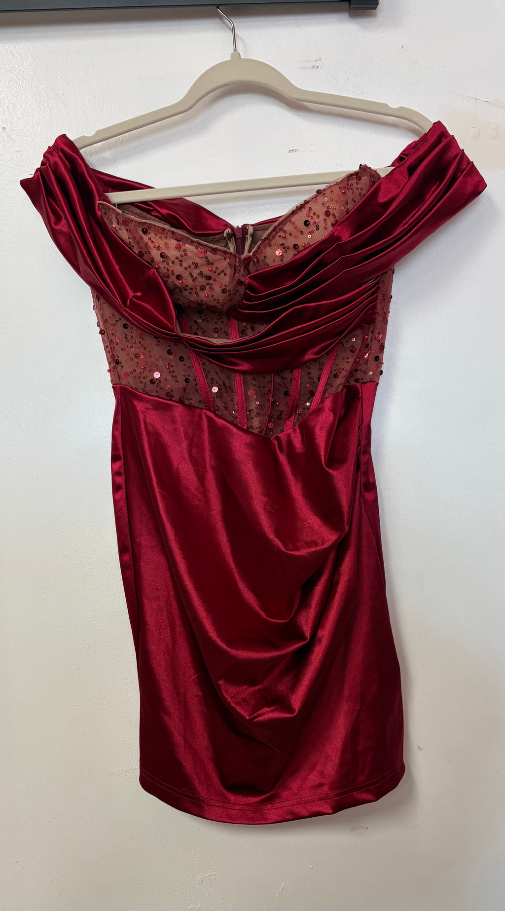 Burgundy Satin Off-the-Shoulder Corset Mini Dress with Sequin Illusion Bodice