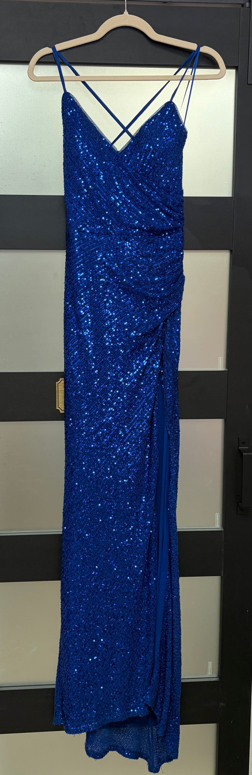 Crystal Doll Royal Blue Sequin Wrap Gown with Lace-Up Back