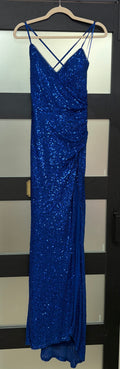 Crystal Doll Royal Blue Sequin Wrap Gown with Lace-Up Back