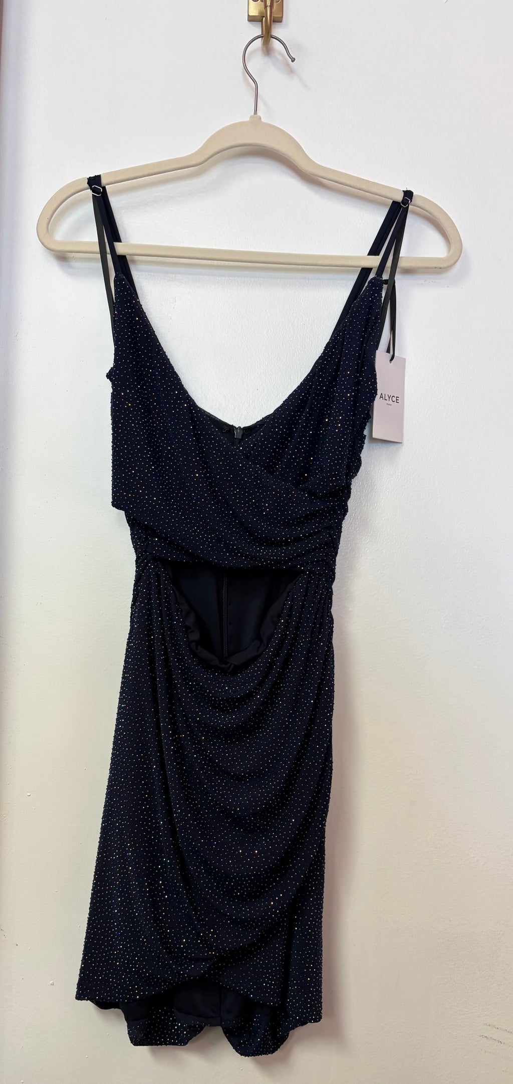 Alyce Paris 4576 Navy Rhinestone Homecoming Dress with Front Cutout and Draped Bodice