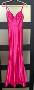 Sherri Hill Hot Pink Stretch Satin Corset Mermaid Gown with Lace-Up Back