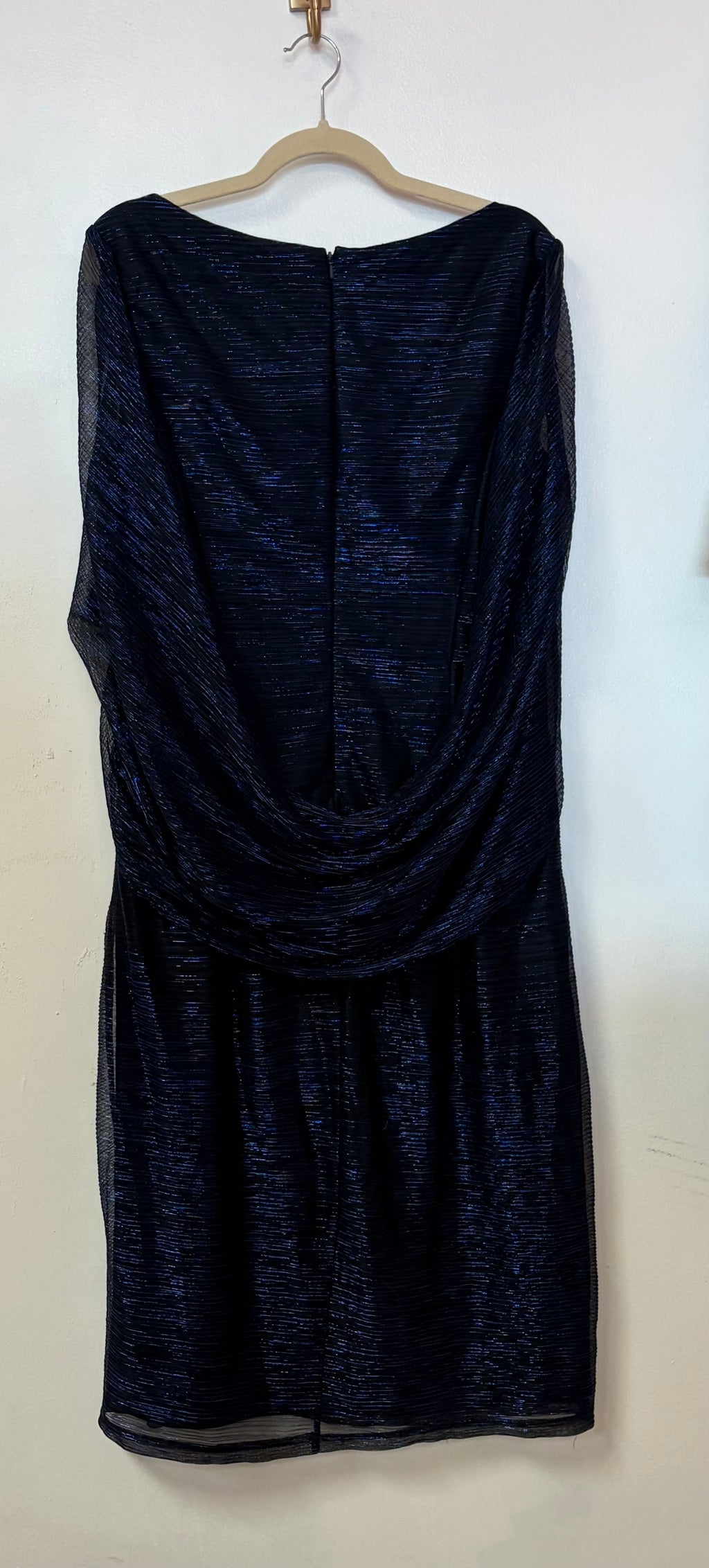 Oleg Cassini Navy Metallic Ruched Cocktail Dress with Draped Cape Sleeves and Statement Cowl Back