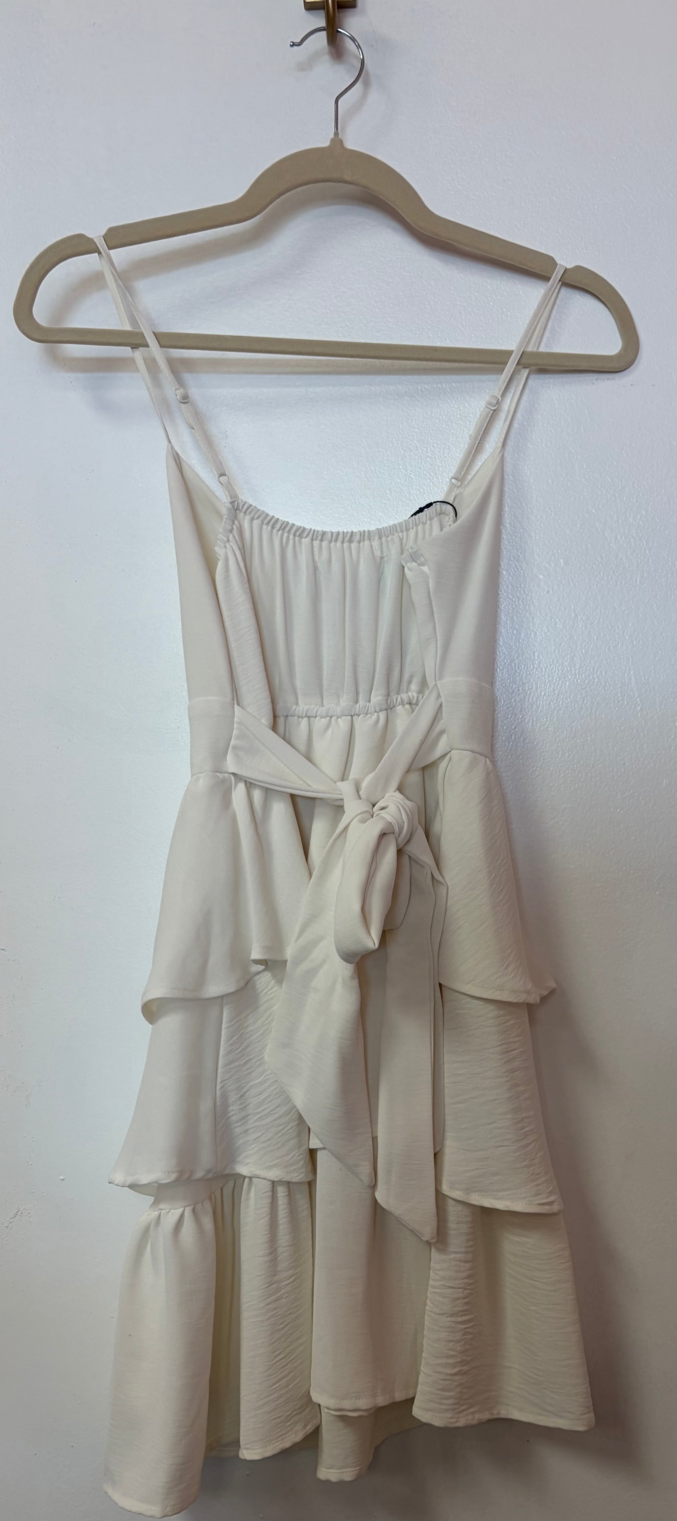 Altar’d State Ivory Tiered Midi Dress with Cowl Neck and Tie Back Detail