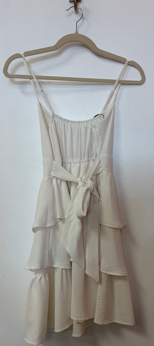 Altar’d State Ivory Tiered Midi Dress with Cowl Neck and Tie Back Detail