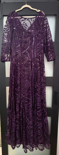 Tahari Plum Sequin Mesh Evening Gown