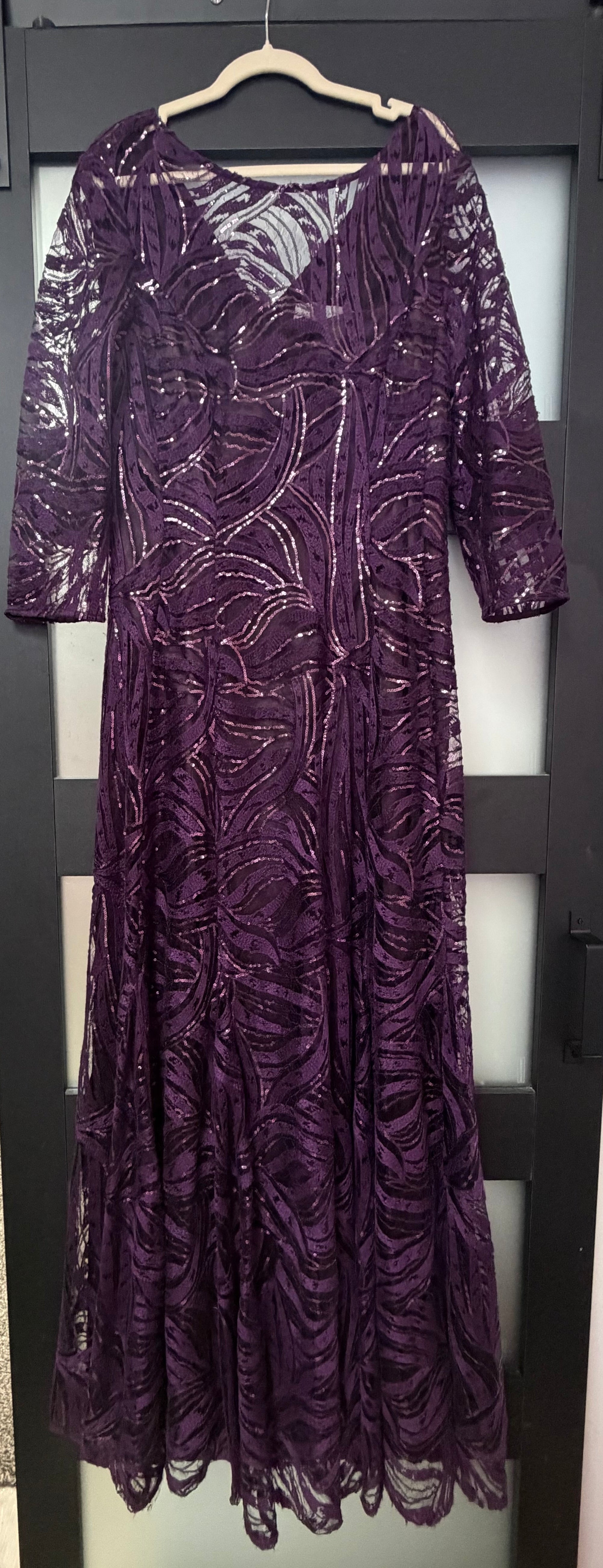 Tahari Plum Sequin Mesh Evening Gown