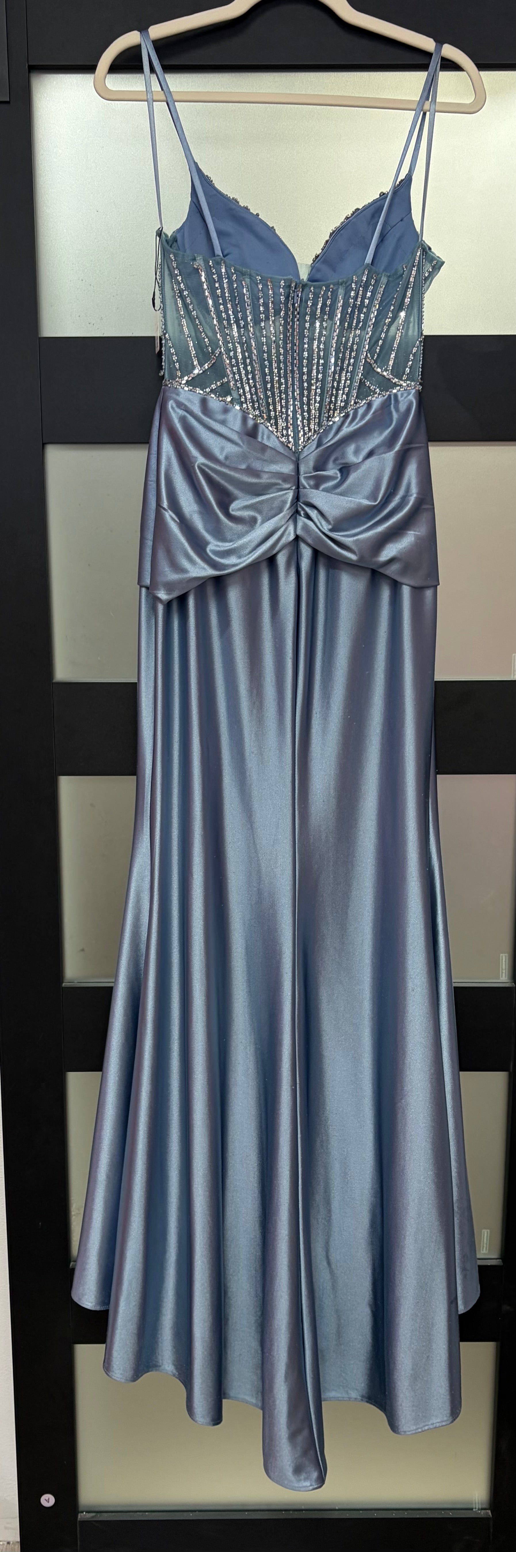 LaDivine CD752 Dusty Blue Satin Corset Gown with Crystal Beading