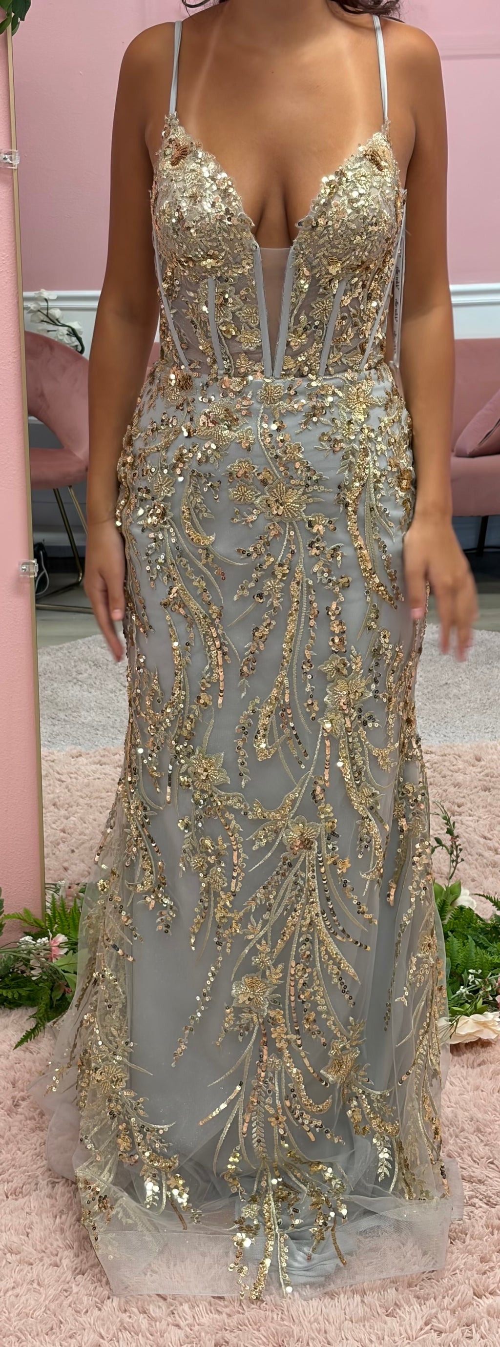 Ellie Wilde EW35039 Grey & Gold Embellished Mermaid Prom Gown with Corset Bodice