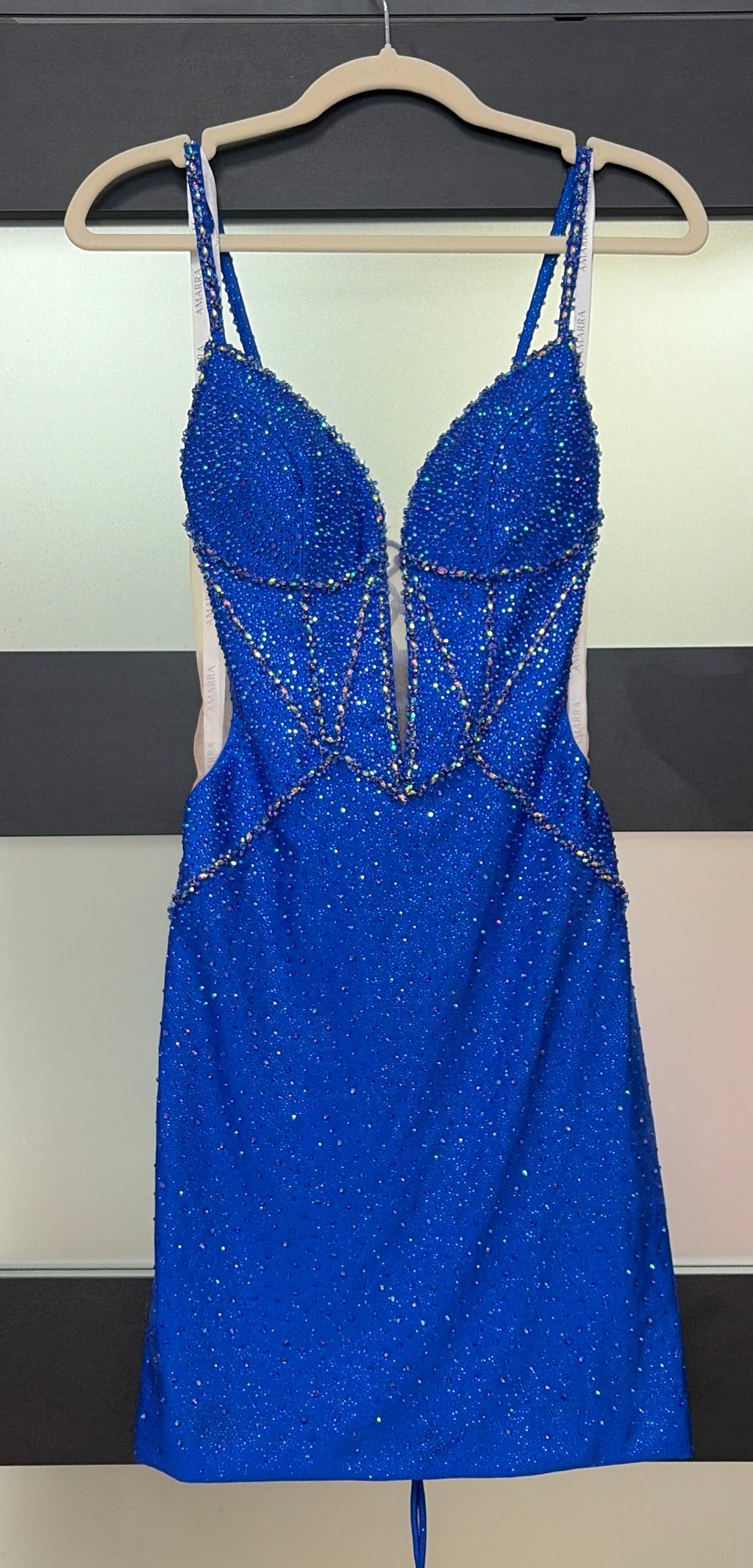 Amarra 88058 Royal Blue Crystal Embellished Corset Homecoming Dress with Lace-Up Open Back