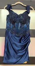 Stacees S8607H Navy Blue Embellished Sheer Corset Homecoming Dress with Satin Ruched Skirt