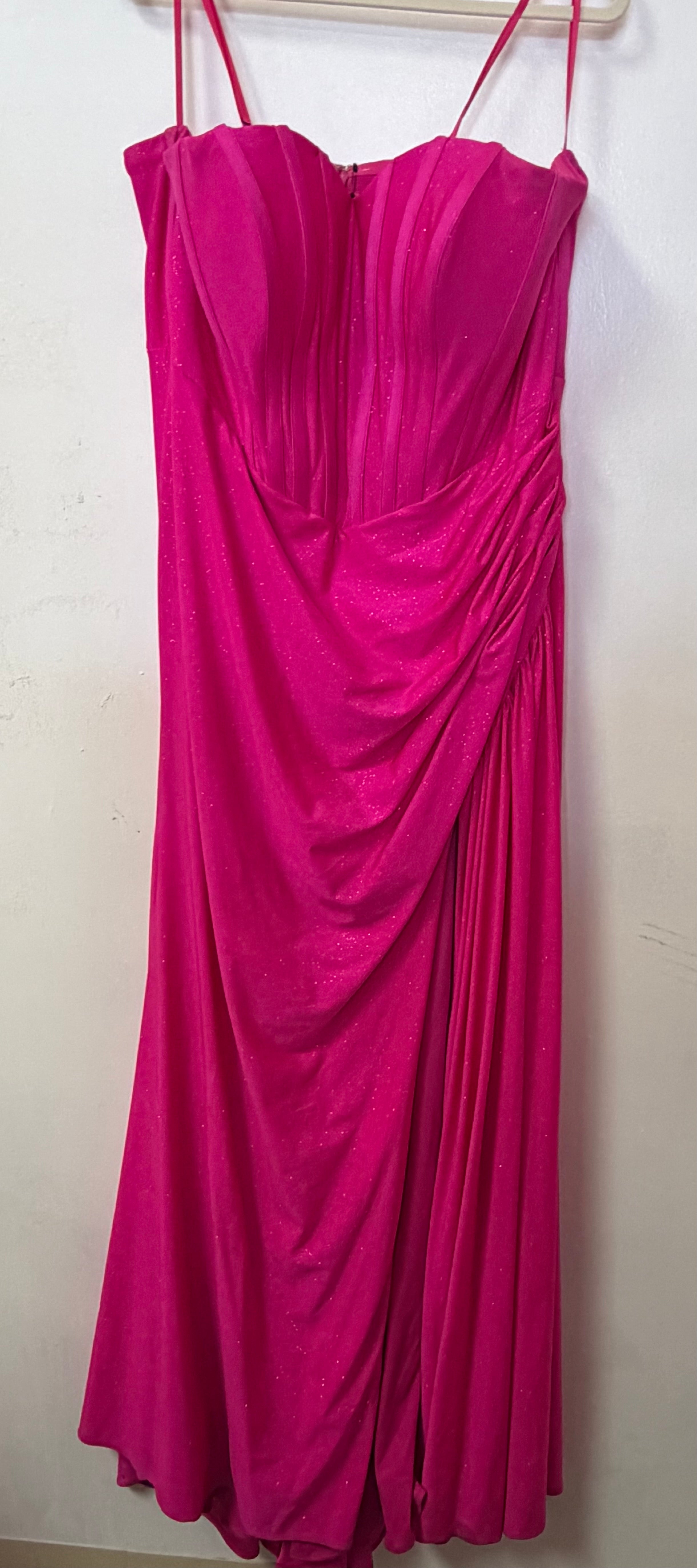Sydney’s Closet SC7390 Fuchsia Satin Appliqué Plus Size Prom Dress with Draped Skirt