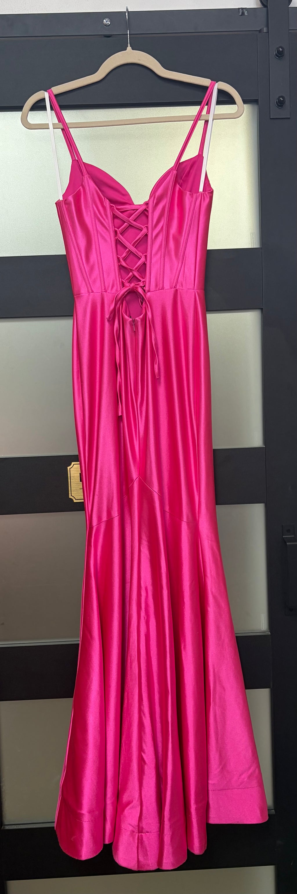 Sherri Hill Hot Pink Stretch Satin Corset Mermaid Gown with Lace-Up Back