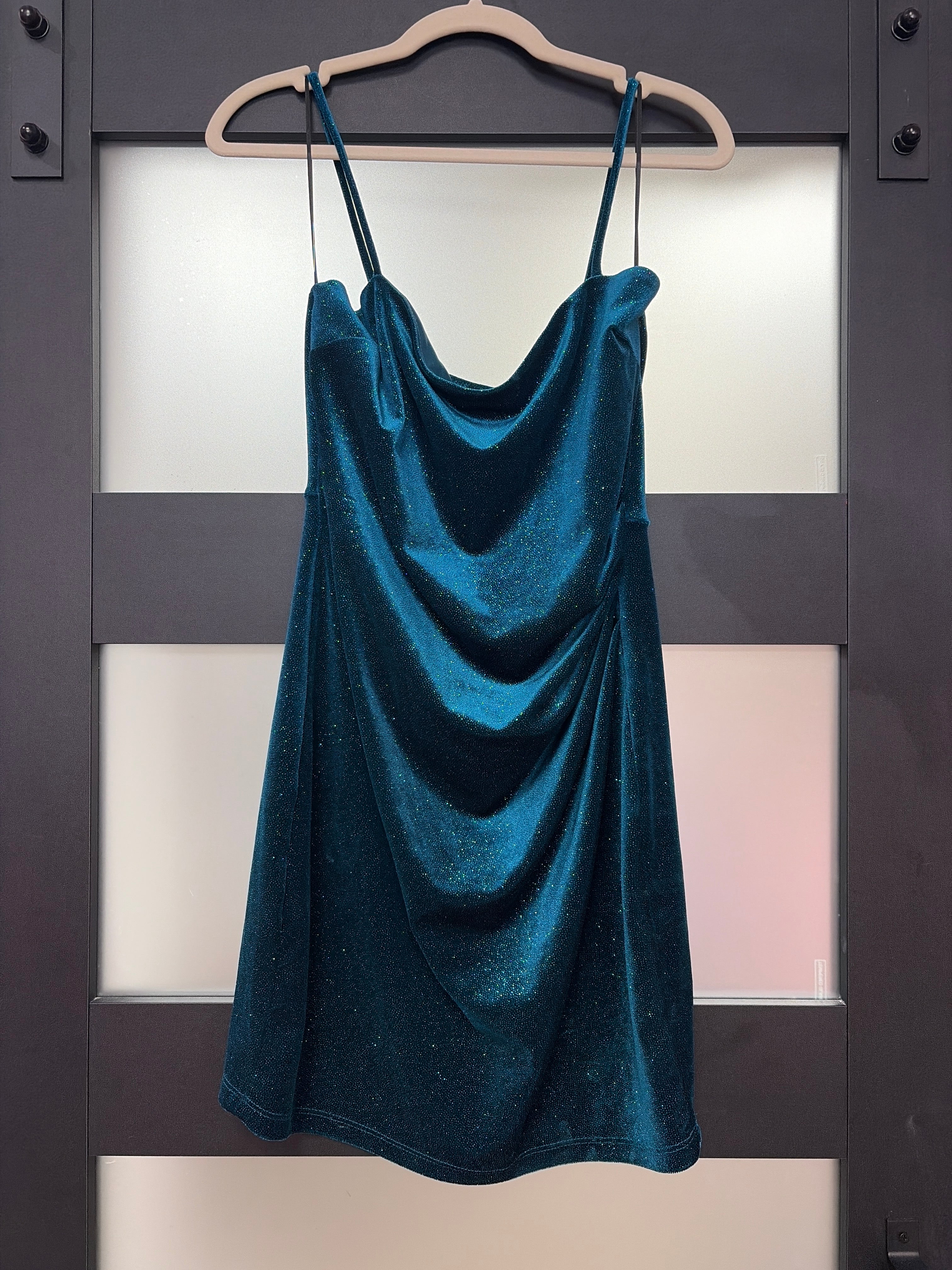 Windsor Teal Glitter Cowl Neck Homecoming Dress with Ruched Bodycon Silhouette