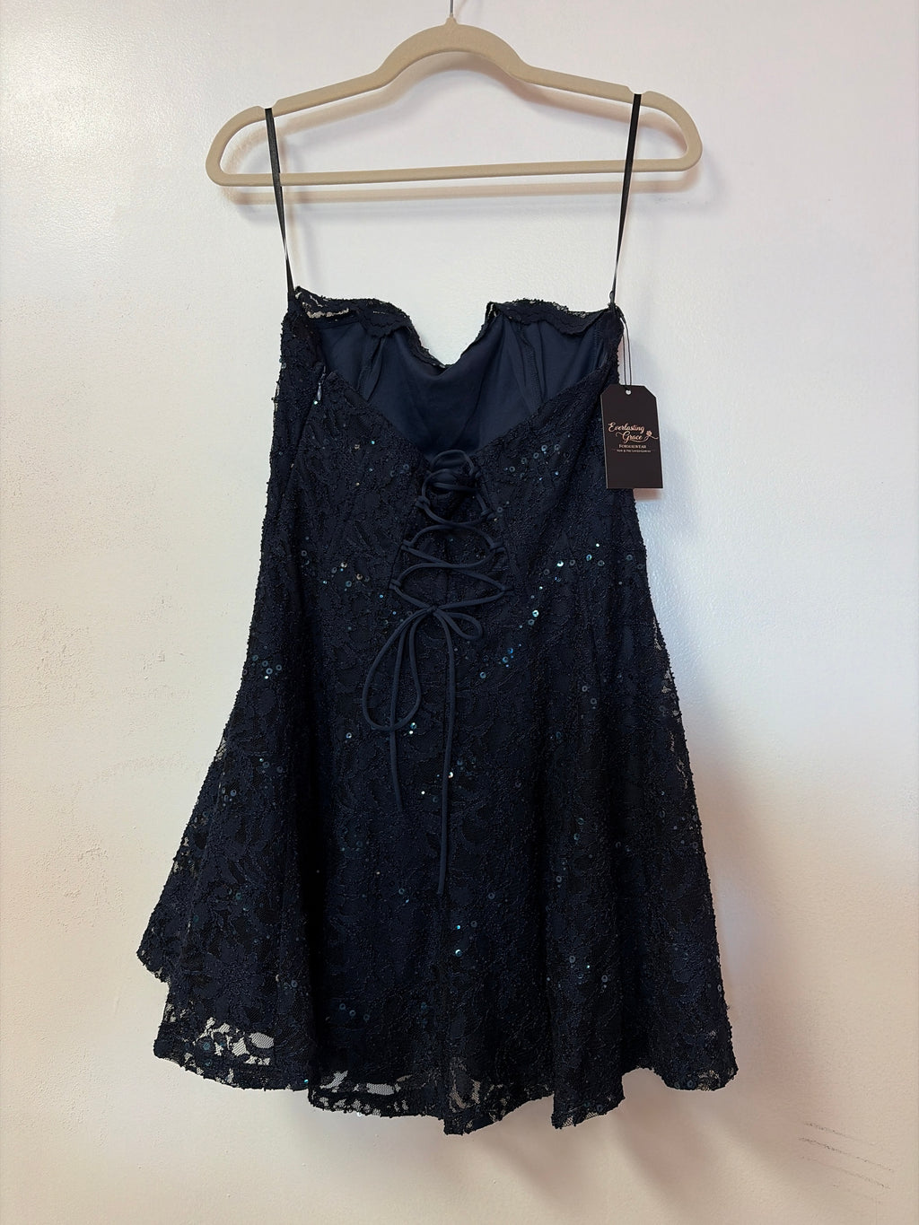 Navy Sequin Lace-Up Back Fit & Flare Dress – Strapless Homecoming Cocktail Dress