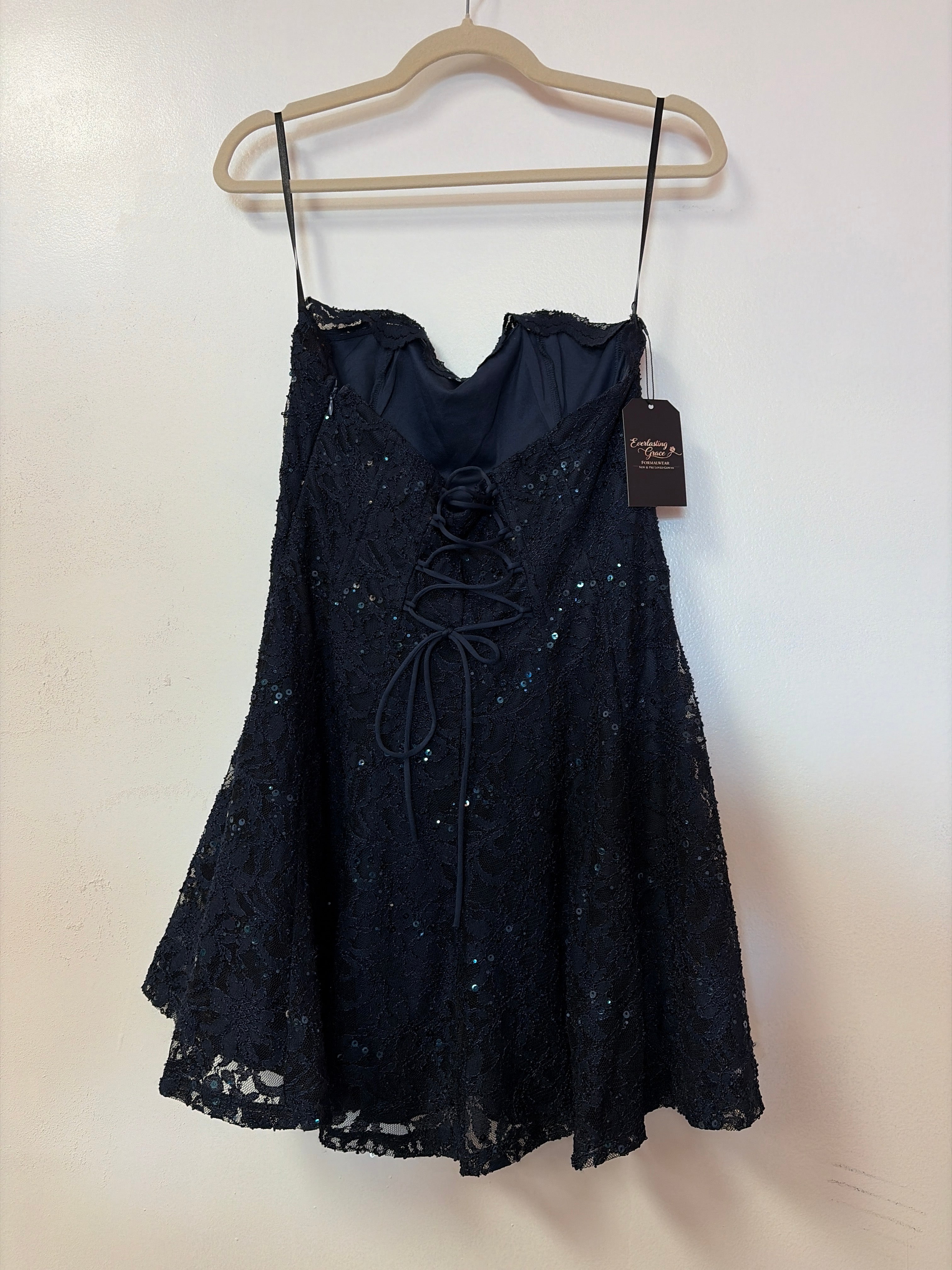 Navy Sequin Lace-Up Back Fit & Flare Dress – Strapless Homecoming Cocktail Dress