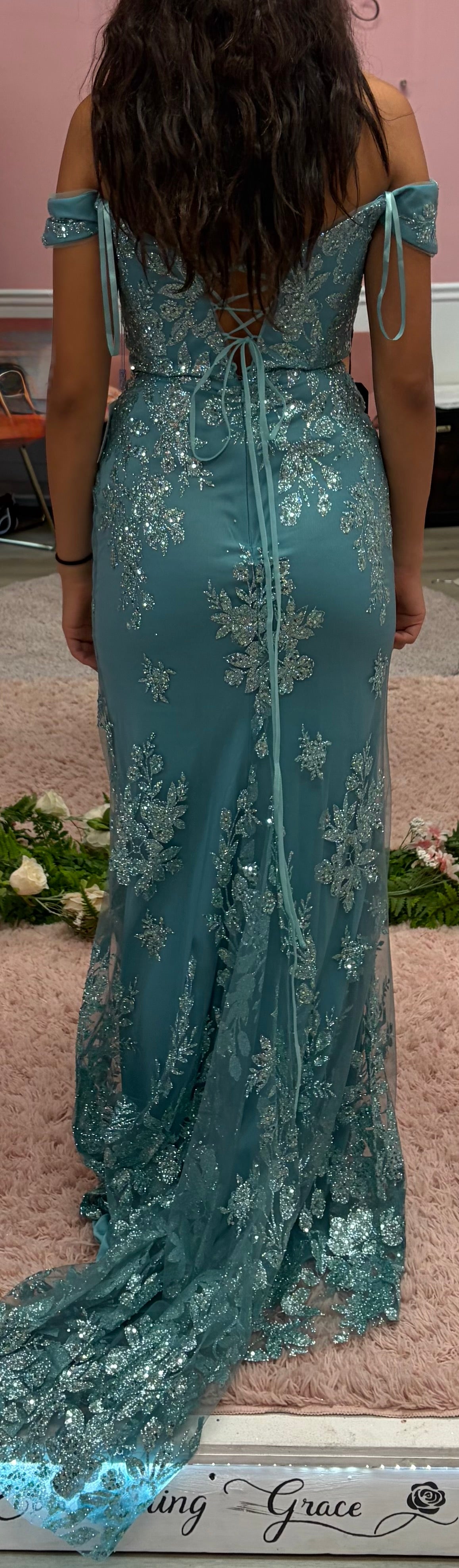 LaDivine OC014 Dusty Blue Embroidered Off-Shoulder Formal Gown – Everlasting Grace Formalwear LLC