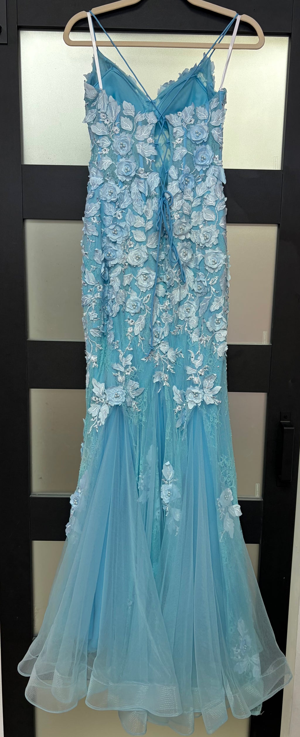 Rachel Allan 7145 Sky Blue 3D Floral Mermaid Gown with Lace-Up Back